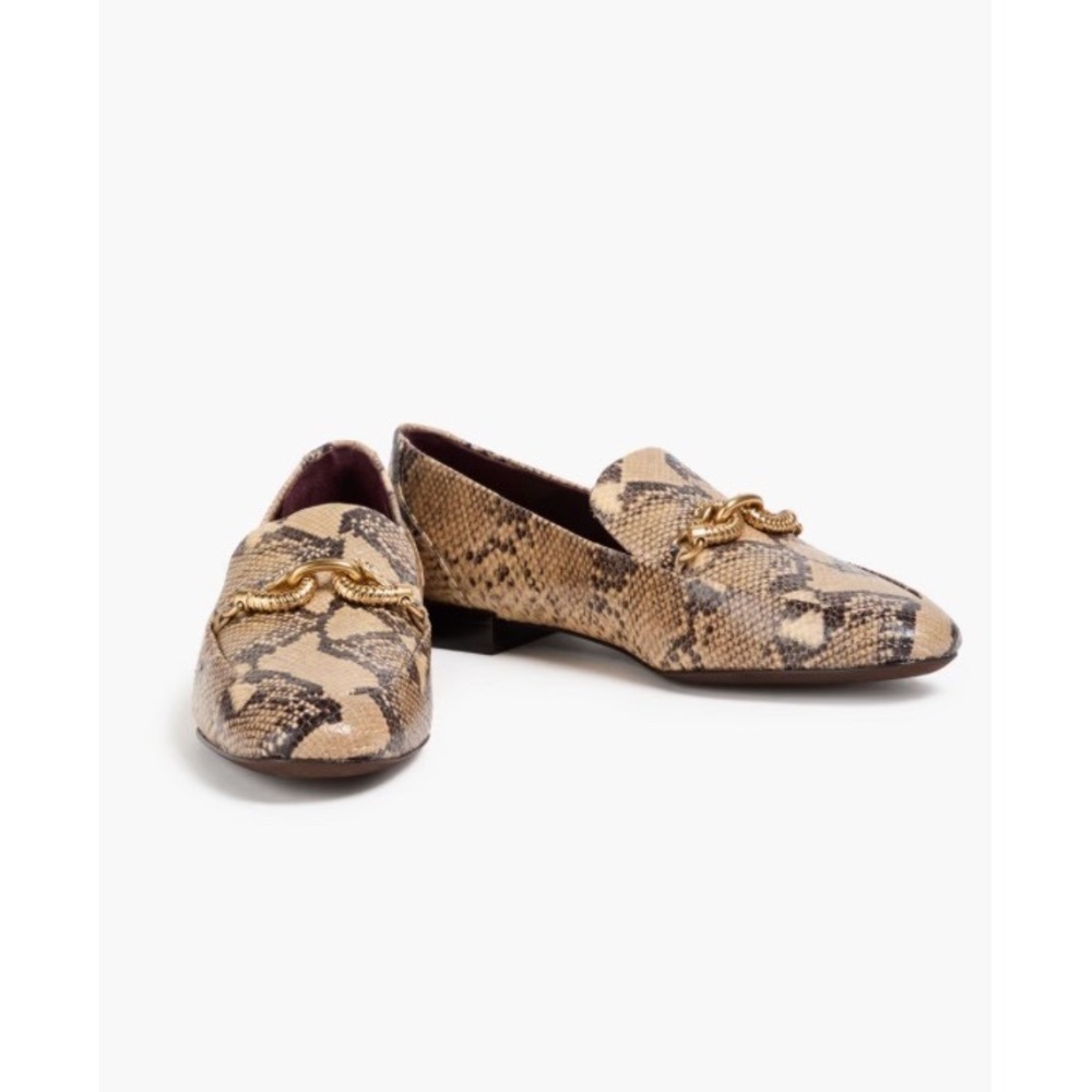 Tory Burch Jessa Snakeskin Embossed Leather Horsehead Loafers Beige Brown 8M